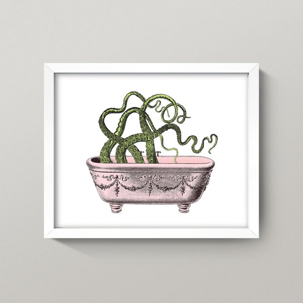 Octopus in Bathtub Print • Vintage-Style Octopus Poster • 4 Sizes! • Retro Bathroom Print • Retro Pink & Green Bath Clawfoot Tub Victorian