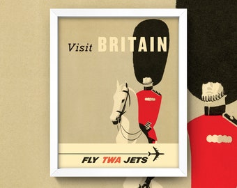 Great Britain Poster Wall Art • 4 Sizes! • Vintage TWA Travel Poster • Mid Century Modern Retro Print UK England British Tommie Bearskin