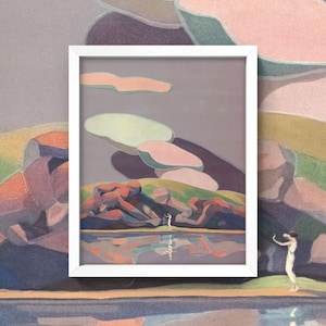 Vintage Woman Dancing Print • Colorful Beach Shore Landscape Wall Art • 4 Sizes! • Mountains Stretch Across a Surreal Landscape