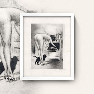 Nude in the Kitchen Print Vintage Kitchen Erotica 3 Sizes Risqué cook bending over a hot oven in sexy high heels with a black cat image 1