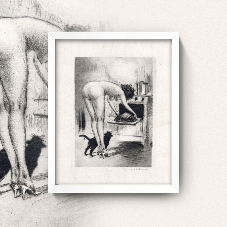 Nude in the Kitchen Print Vintage Kitchen Erotica 3 Sizes Risqué cook bending over a hot oven in sexy high heels with a black cat image 1