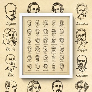 Classic Rock Print • Antique-Style Rock Composers Poster • 4 Sizes! • Dylan Zappa Bowie Eno Beefheart Lennon McCartney T Rex Stones Etc