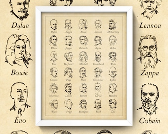 Classic Rock Print • Antique-Style Rock Composers Poster • 4 Sizes! • Dylan Zappa Bowie Eno Beefheart Lennon McCartney T Rex Stones Etc