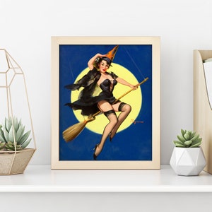 Vintage Pin Up Witch Print Classic Witch on Broom Wall Decor 4 Sizes Vintage Horror Halloween Goth Good Witch or Bad Witch image 5
