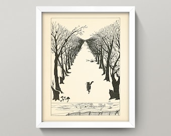 May include: Black and white illustration of a cat walking down a path lined with trees. The cat is in the center of the path, and the trees are on either side. The path is lined with trees on either side. The trees are bare, and the ground is covered in snow.