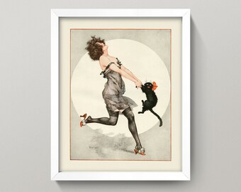 Woman dancing with Black Cat • Vintage Magazine Cat Illustration • 4 Sizes! • Art Nouveau / Victorian Era  Cat Print • 1920s 1930s