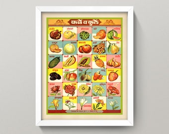 Colorful Kitchen Print • Vintage Marathi Fruit & Flowers Chart • 5 Sizes! • Retro Indian Diagram featuring Fruit, Vegetables and Flowers!