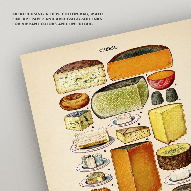 May include: A vintage illustration of different types of cheese, labeled with numbers 1 through 13. The illustration is on a cream-colored background with the text "CHEESE." at the top.