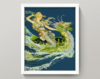 Sea Monster Ride Print • Vintage Mythical Creature Wall Art • 5 Sizes! • Fantasy Woman Water Dragon Poster