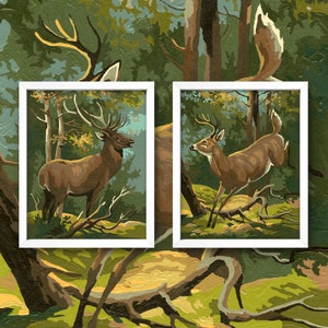 Vintage Paint-By-Numbers Deer Painting Set • Print or Poster • 3 Sizes! • Fun and Rustic Mid-Century Cabin Decor w/ a Touch of 1950s Kitsch!