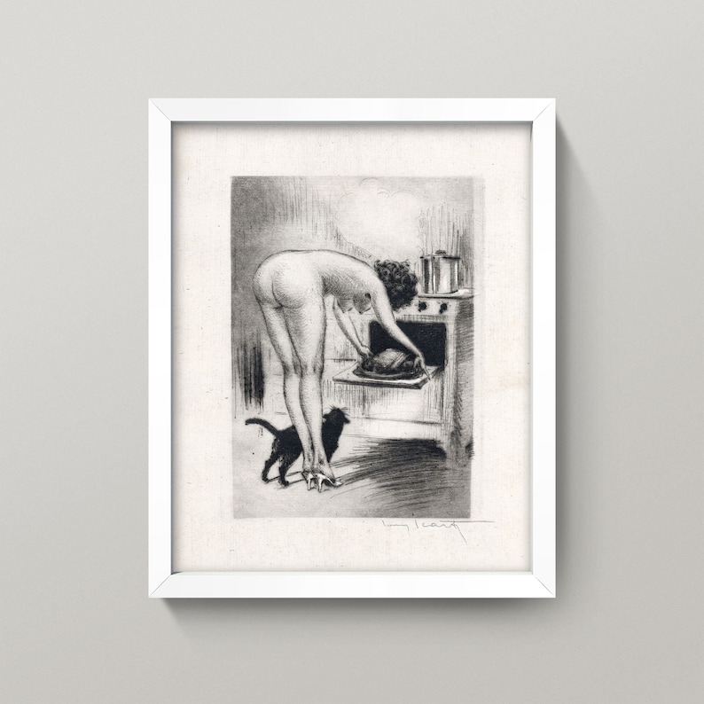 Nude in the Kitchen Print Vintage Kitchen Erotica 3 Sizes Risqué cook bending over a hot oven in sexy high heels with a black cat image 6