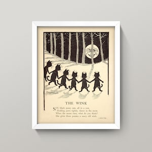 Black Cat Dance • &quot;The Wink&quot; Cat Poem • 3 Sizes! • Antique illustration of black cats performing a mysterious ritual during full moon!