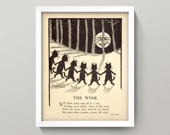 Black Cat Dance • "The Wink" Cat Poem • 3 Sizes! • Antique illustration of black cats performing a mysterious ritual during full moon!