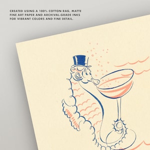 May include: A whimsical illustration of a seahorse wearing a top hat and drinking from a champagne glass. The seahorse is drawn in blue and pink, with a light yellow background.