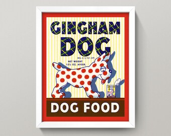 Dog Print • Vintage Dog Food Label Wall Art • 8X10 Print • 1940s Art Deco • Polka Dots • Gingham Pattern • Terrier • Retro Dog Art