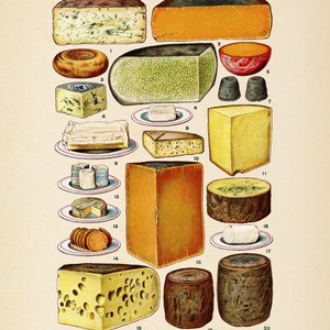 May include: A vintage illustration of 20 different types of cheese, labeled with their names. The cheeses are arranged on plates and platters, with some cut into slices. The illustration is on a cream-colored background with the word "CHEESE" printed at the top.