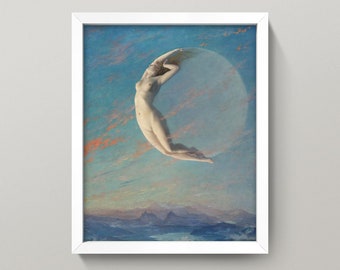 Art Nouveau Nude Moon Painting • 3 Sizes! • Vintage Moon Print • Gorgeous 19th century painting of crescent shaped moon goddess