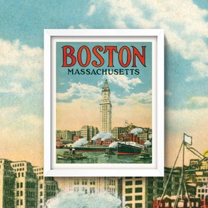 Vintage Boston Travel Poster • Antique Boston print • 5 Sizes! • Boston Wall Art • Old Boston • Boston Harbor Custom House Massachusetts