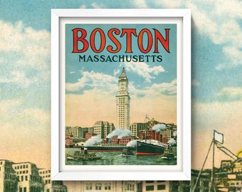 Vintage Boston Travel Poster • Antique Boston print • 5 Sizes! • Boston Wall Art • Old Boston • Boston Harbor Custom House Massachusetts