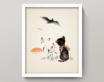 Vintage Cat and Bat Print • Soft Kitten Sunset Illustration • Gift For Cat Lady • 4 Sizes! • Cat and Flying Bat Poster