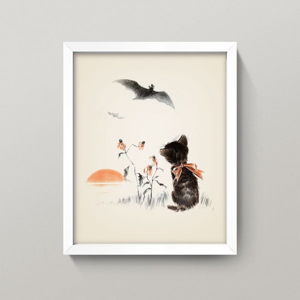 Vintage Cat and Bat Print • Soft Kitten Sunset Illustration • Gift For Cat Lady • 4 Sizes! • Cat and Flying Bat Poster