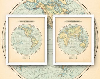 Vintage World Map Set • Antique Western and Eastern Hemispheres Maps • Buy as set or individually • 2 Sizes! • Gorgeous Travel Map Wall Art