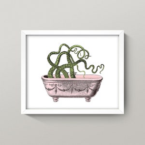 Bathing Octopus Print • Bathroom Wall Art •  4 Sizes! • Vintage Bathtub Print • Pink & Green Cephalopod Tentacles