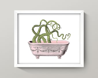 Bathing Octopus Print • Bathroom Wall Art •  4 Sizes! • Vintage Bathtub Print • Pink & Green Cephalopod Tentacles