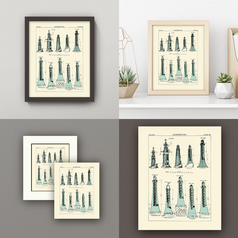 Puede incluir: Una ilustraci&oacute;n vintage de diferentes dise&ntilde;os de faros. La imagen est&aacute; en blanco y negro con acentos azules. El t&iacute;tulo de la ilustraci&oacute;n es "Leuchtthurme" y el texto debajo de la imagen dice "Placa 106".