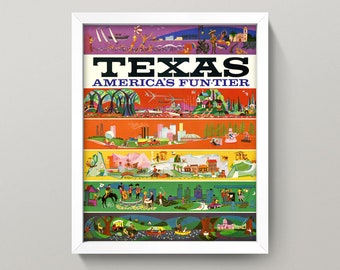 May include: A vintage travel poster for Texas, featuring a colourful illustration of various scenes from the state. The poster reads "Texas, America's Funtier".