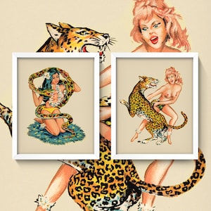 Exotic Jungle Women Pin-Up Set • Vintage Tiki Bar Art • Retro Tattoo Art • Set of 2 • 2 Sizes! • Topless Jaguar Leopard Tiger Snake Boa