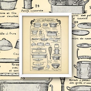 French Utensils Chart Print  • Vintage Kitchen Poster • 4 Sizes! 8X10 9X12 12X16 • Kitchen Wall Art • Antique French Chart French Diagram