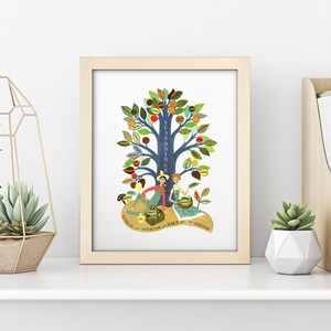 Pode incluir: Uma ilustra&ccedil;&atilde;o azul e verde de uma &aacute;rvore com a palavra "SEASONINGS" escrita no tronco. A &aacute;rvore &eacute; cercada por v&aacute;rias especiarias e ervas, incluindo alho, pimenta, sal e vinagre. Duas pessoas est&atilde;o sentadas na base da &aacute;rvore, segurando cestas de produtos.