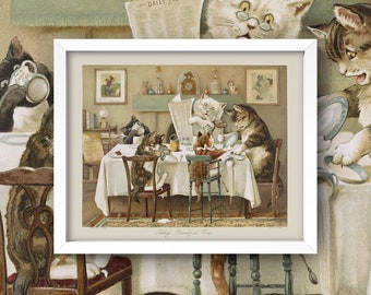 Vintage "Tabby Breakfast" Print • Kitchen or Dining Room Art • Victorian Era Wall Art  • 5 Sizes! • Cure, Retro Art for Cat Lover!