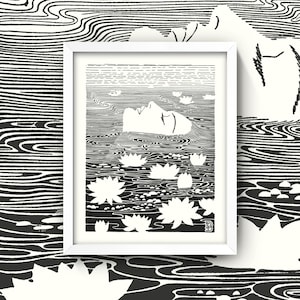 Lily Pond Print • Vintage Woman Floating in Water Garden • 4 Sizes! Black and White • Art Nouveau • Art Deco Poster • Bathroom Art