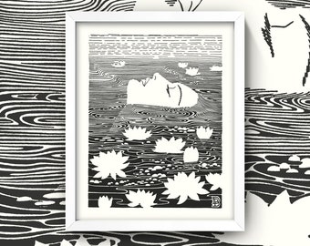 Lily Pond Print • Vintage Woman Floating in Water Garden • 4 Sizes! Black and White • Art Nouveau • Art Deco Poster • Bathroom Art