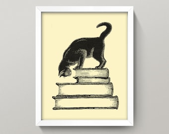 Vintage Black Cat Print • Cat on Stack of Books Wall Art • 3 Sizes! • Antique Manilla Cat Poster • Read Reading Literature Bookstore Cat