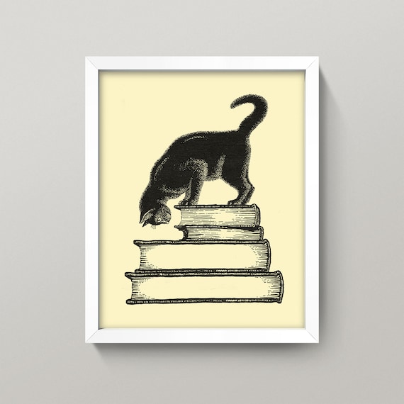 Vintage Black Cat Print • Cat on Stack of Books Wall Art • 3 Sizes! • Antique Manilla Cat Poster • Read Reading Literature Bookstore Cat