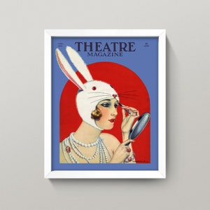 Rabbit Costume Print • Vintage Bathroom Print • Theatre Magazine Cover • 1920s Woman in Bunny Hat Applies Makeup • Fuzzy Furry Bunny Fetish