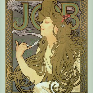 Puede incluir: Un cartel vintage de estilo art nouveau con una mujer de cabello largo y fluido, sosteniendo un cigarrillo. El cartel est&aacute; en tonos dorados, verdes y grises, con la palabra "JOB" destacada en la esquina superior izquierda.