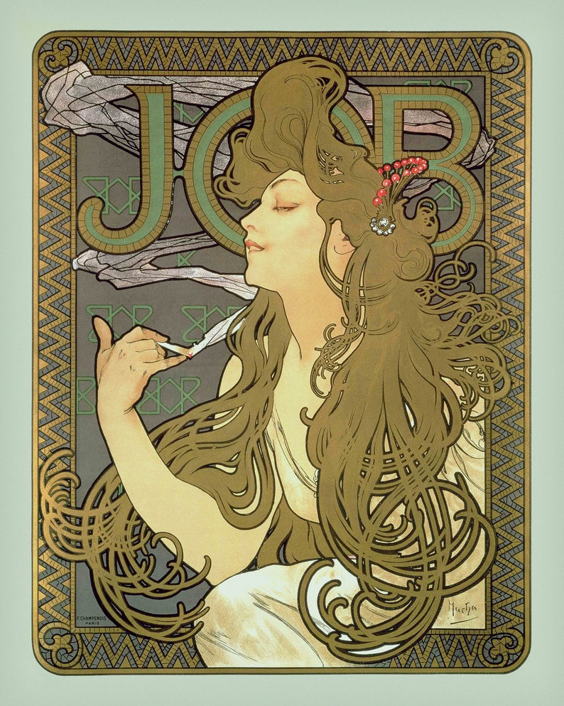 Puede incluir: Un cartel vintage de estilo art nouveau con una mujer de cabello largo y fluido, sosteniendo un cigarrillo. El cartel est&aacute; en tonos dorados, verdes y grises, con la palabra "JOB" destacada en la esquina superior izquierda.