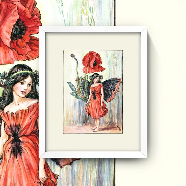 Red Poppy Fairy Print • Antique Flower Fairies Poster • 4 Sizes! • Vintage Red Flower Spirit Illustration • Girls Bedroom Wall Art