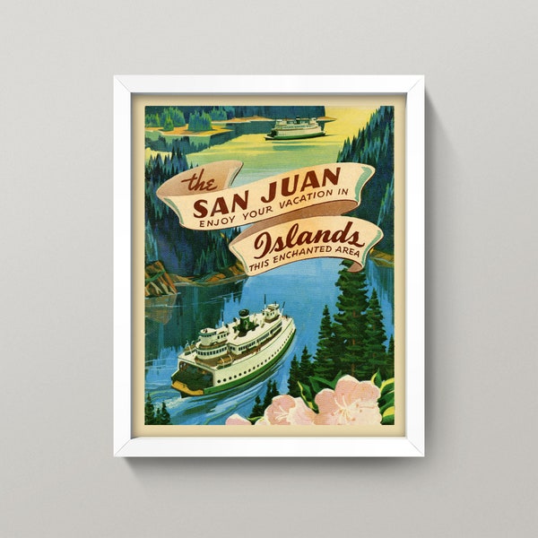 San Juan Islands Print • Vintage San Juans Poster • 4 Sizes! • San Juan Islands Washington State Puget Sound Ferry Boat NW PNW