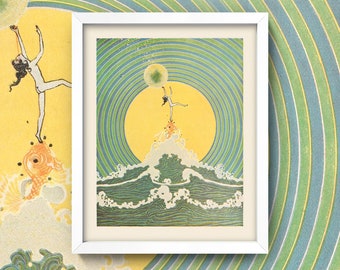 Reach for the Moon Print • 8x10 Print • Vintage Childrens Book Illustration • Art Deco Sun Sun Move Wave Sea Fish Fairy Magic Whimsical Art