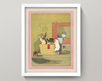 Cats in the Bath Print • 4 Sizes! • Vintage Kitten Poster • Antique Laundry Room Decor • Bathroom Wall Art