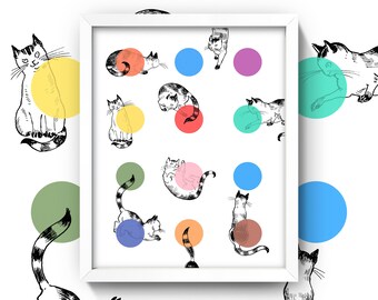 Geometric Cat Print • Modern Cat Art • Fun Cat Poster • Playful Cat Wall Art • Kittens Minimalist Dots Polka Dots • 3 Sizes!