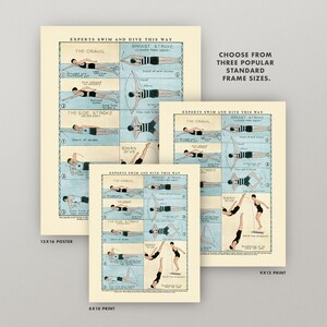 Antique Swimming Poster Vintage Swim and Diving Chart 3 Sizes How to Swim Print Swimmer Dive Pool Diving Chart Diagram Chart image 3