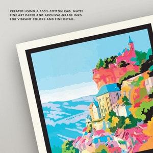 May include: A colorful painting of a town nestled on a cliffside, with a blue sky and a distant mountain range in the background. The town is painted in a variety of bright colors, including red, yellow, green, and blue. The painting is done in a stylized, almost cartoonish style.
