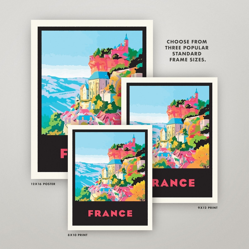 May include: A colorful vintage travel poster featuring a scenic view of a town in France. The poster is available in three sizes: 12x16, 8x10, and 9x12.