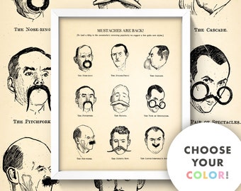 Mustache Print • Vintage Mustache Type Chart • 3 Sizes! • Choose Your Color • Antique Bathroom Art mens fashion Style Facial Hair Beards